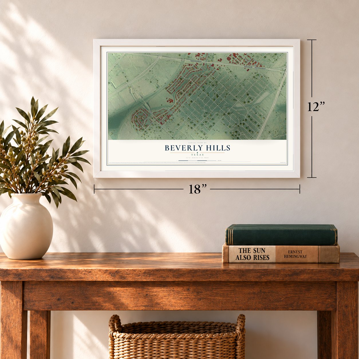 Beverly Hills, Texas map, 12 x 18 inch print in a white frame in an entryway