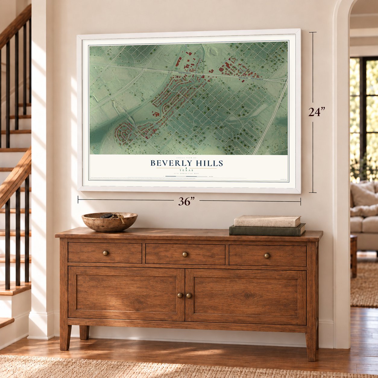 Beverly Hills, Texas map, 24 x 36 inch print in a white frame above a dresser by a staircase