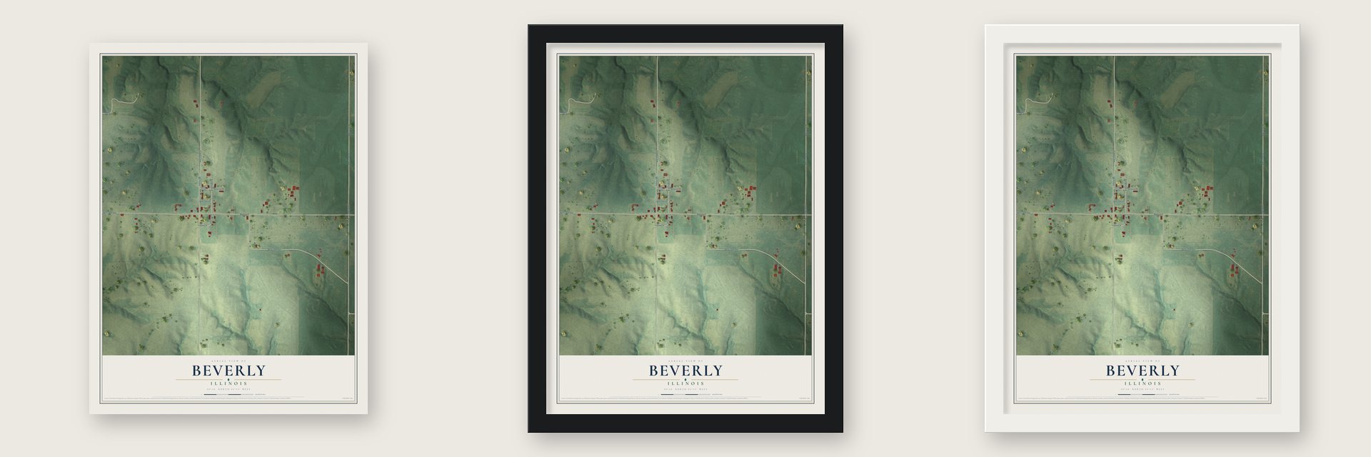Beverly, Illinois map unframed, in a black wood frame and in a white wood frame