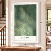 Beverly, Illinois map, 24 x 36 inch print in a white frame by a staircase