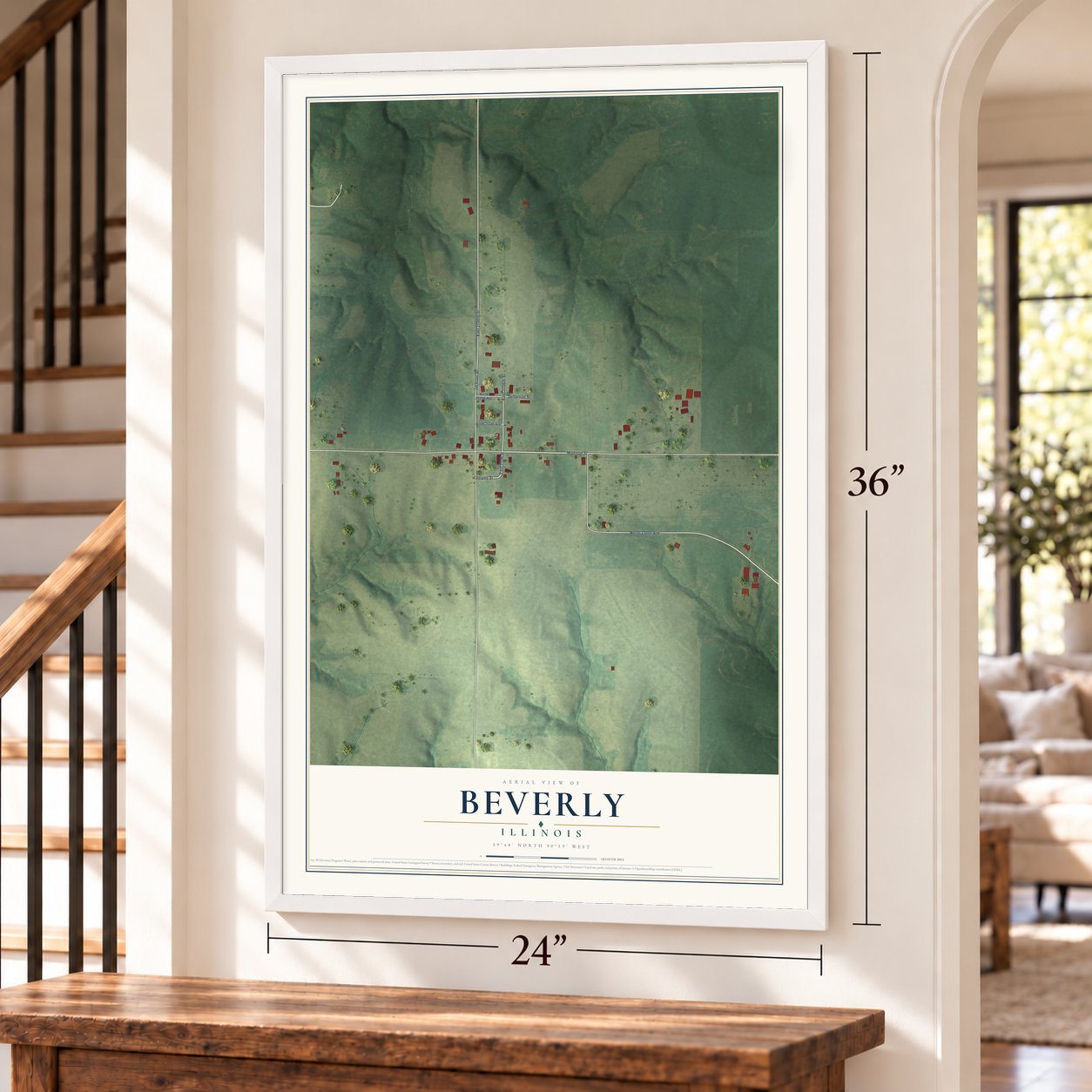Beverly, Illinois map, 24 x 36 inch print in a white frame by a staircase