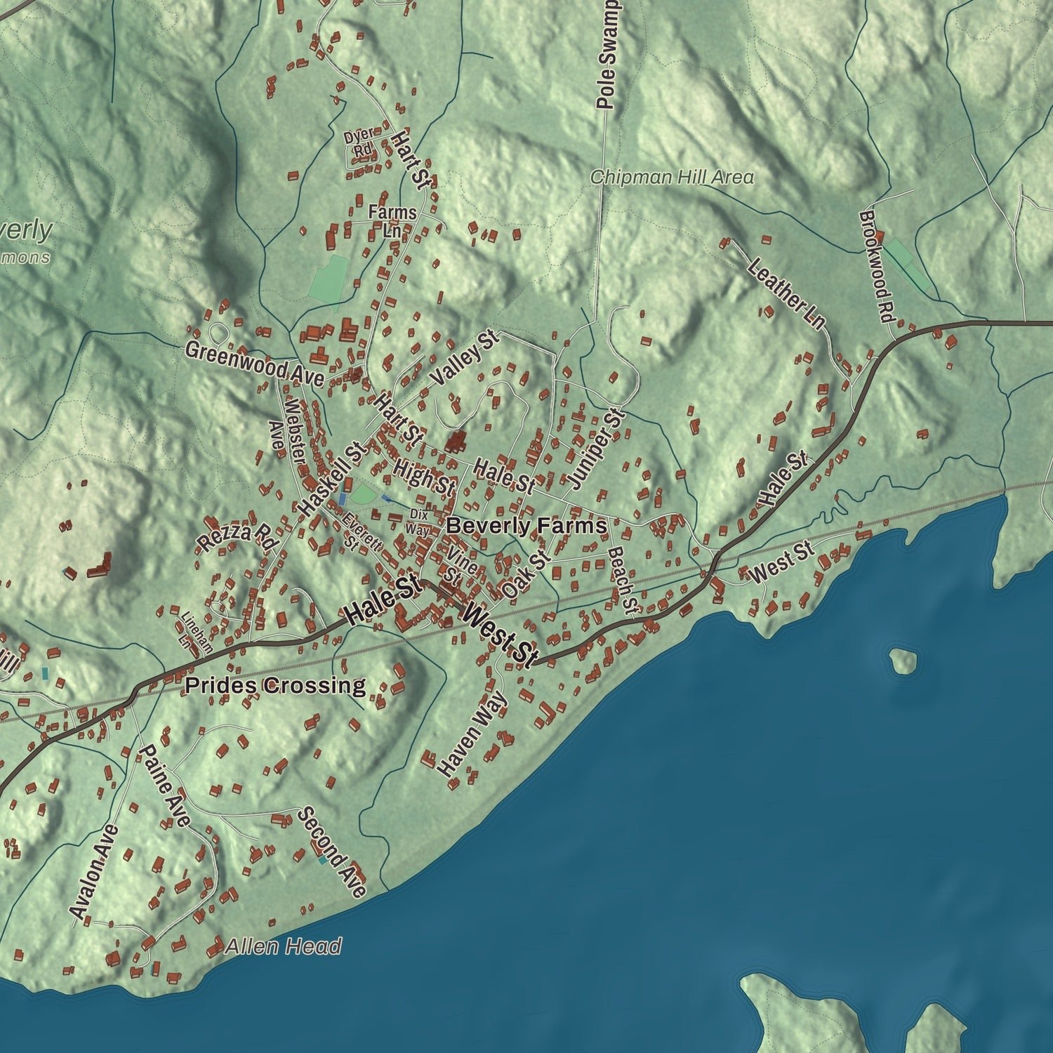 Close-up of the map of Beverly, Massachusetts print showing terrain and local geography