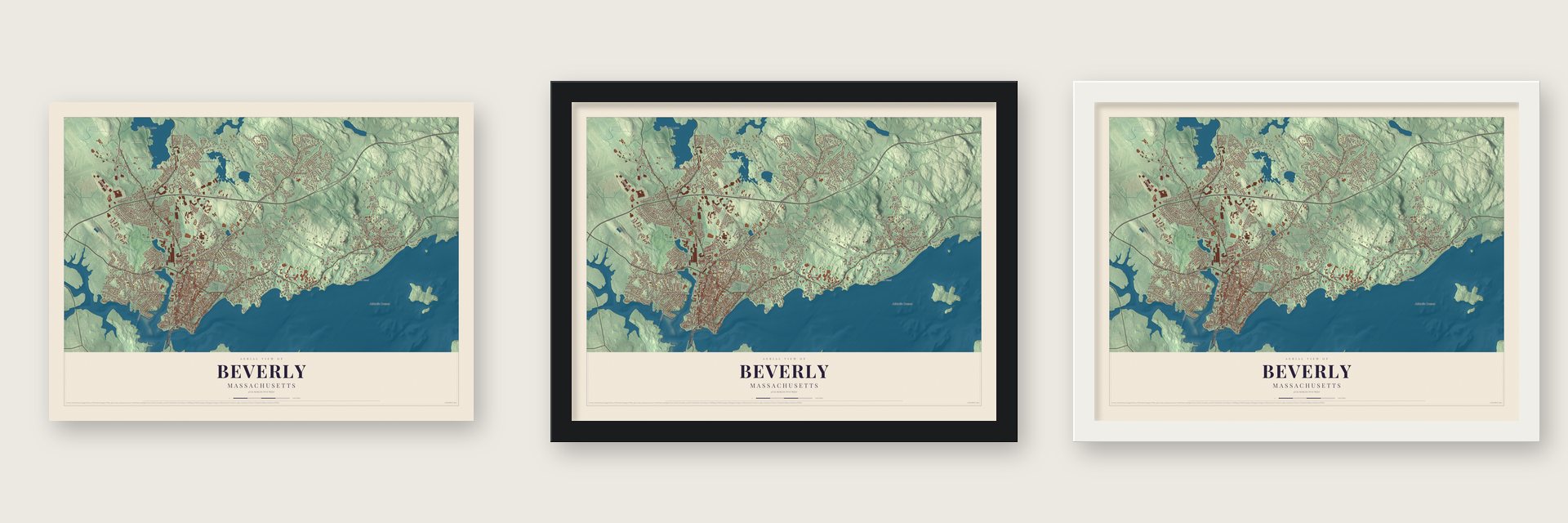 Beverly, Massachusetts map unframed, in a black wood frame and in a white wood frame