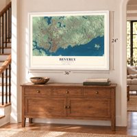 Beverly, Massachusetts map, 24 x 36 inch print in a white frame above a dresser by a staircase