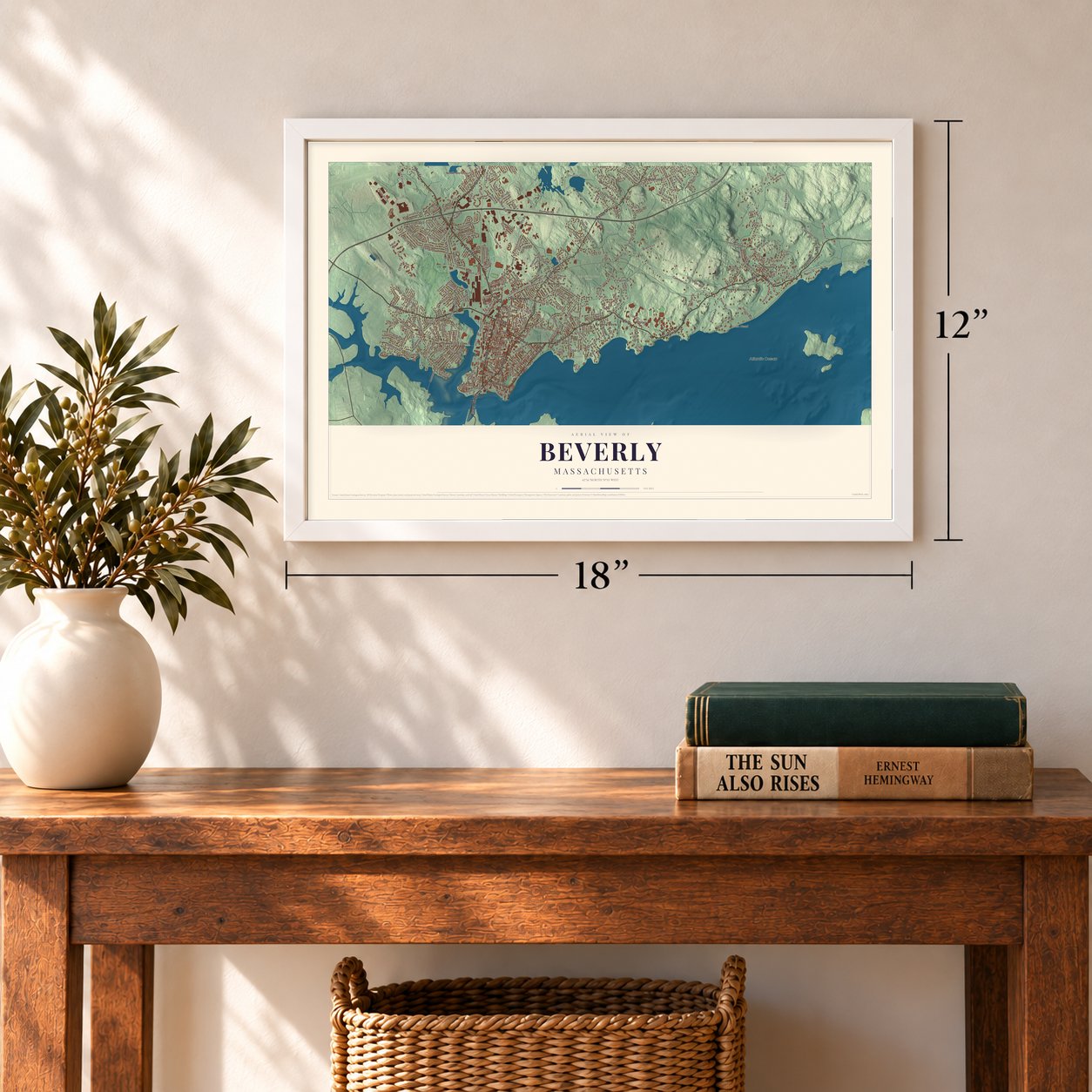 Beverly, Massachusetts map, 12 x 18 inch print in a white frame in an entryway