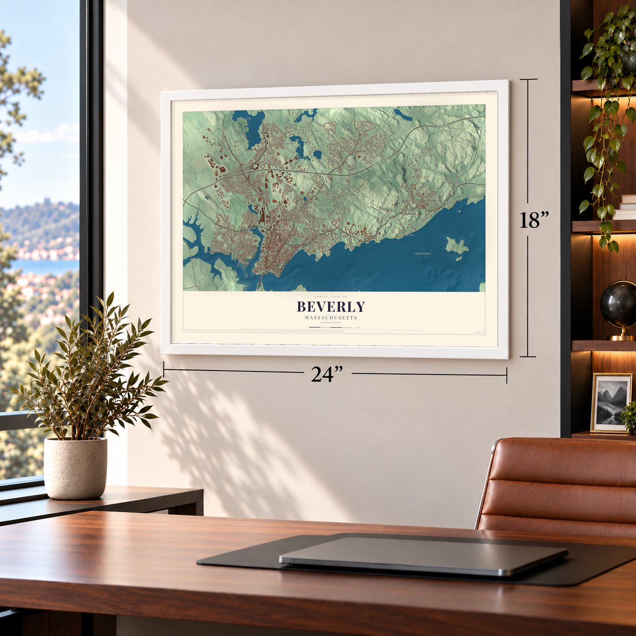 Beverly, Massachusetts map, 18 x 24 inch print in a white frame in a home office