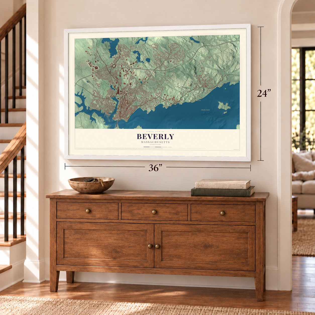 Beverly, Massachusetts map, 24 x 36 inch print in a white frame above a dresser by a staircase