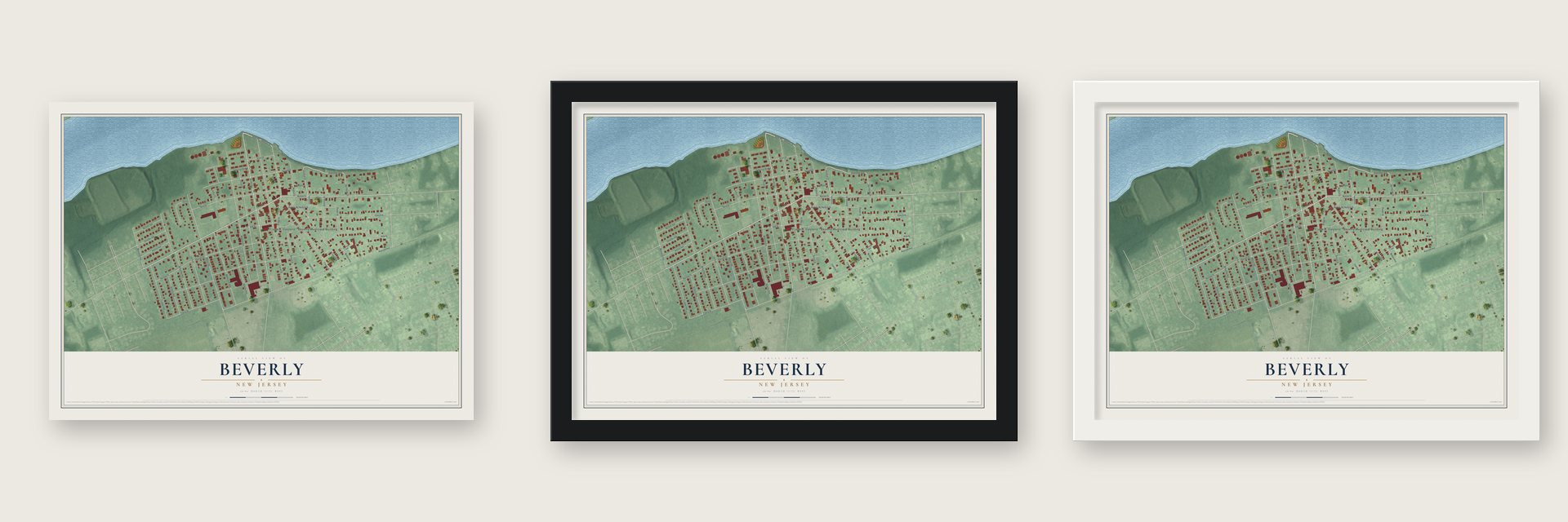 Beverly, New Jersey map unframed, in a black wood frame and in a white wood frame