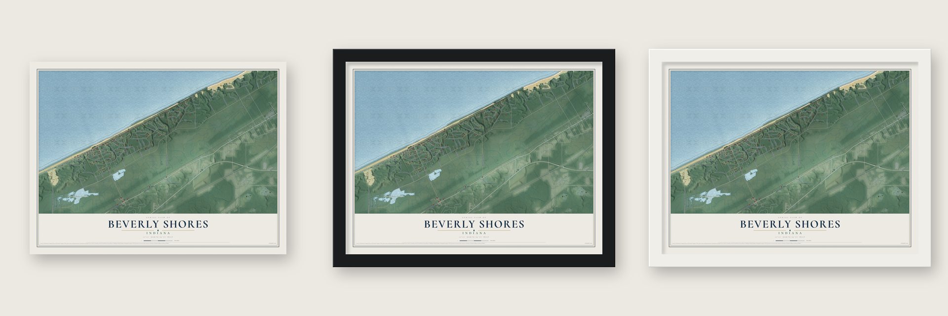 Beverly Shores, Indiana map unframed, in a black wood frame and in a white wood frame