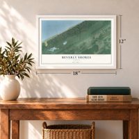 Beverly Shores, Indiana map, 12 x 18 inch print in a white frame in an entryway