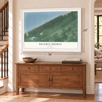 Beverly Shores, Indiana map, 24 x 36 inch print in a white frame above a dresser by a staircase