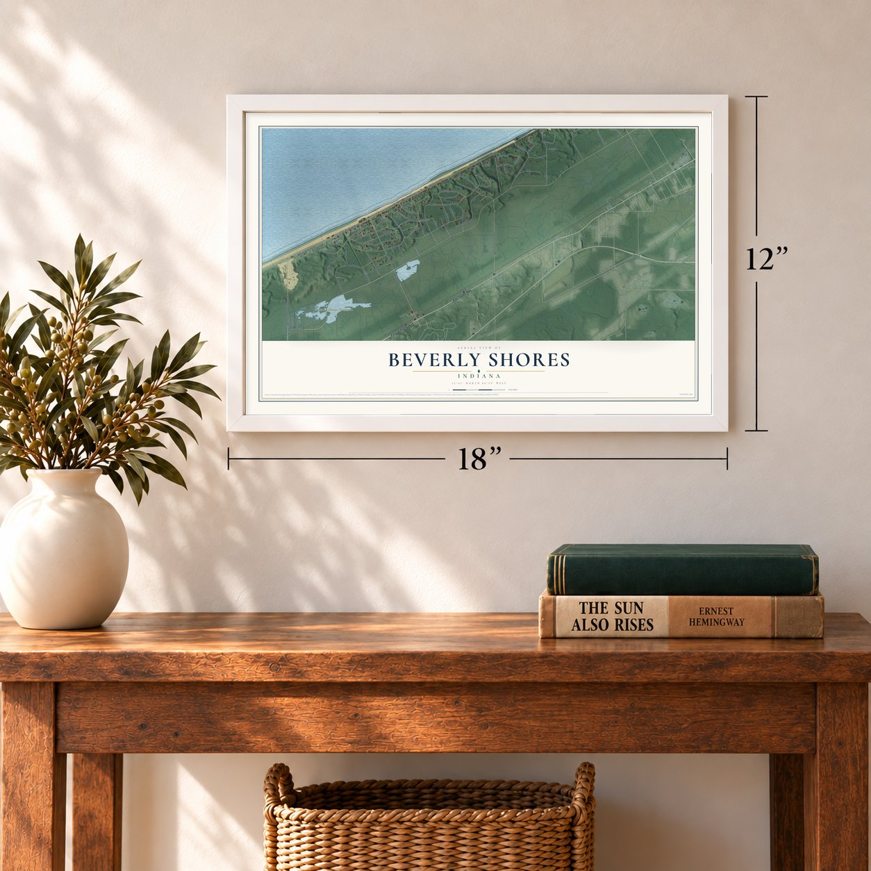 Beverly Shores, Indiana map, 12 x 18 inch print in a white frame in an entryway