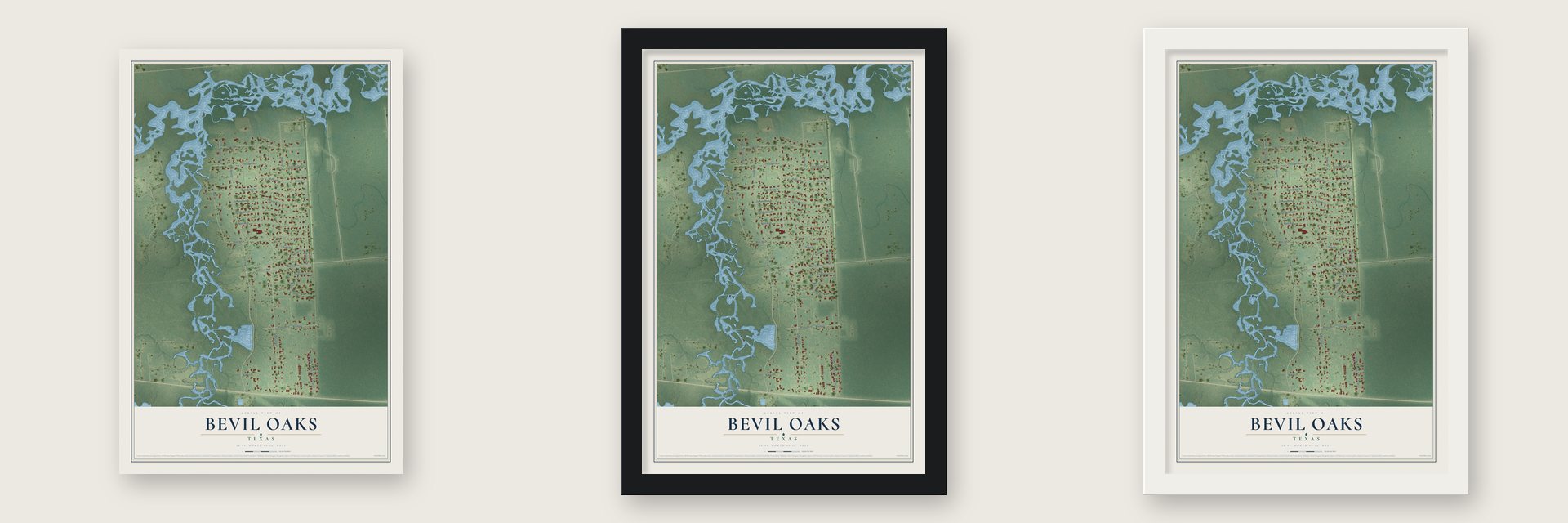 Bevil Oaks, Texas map unframed, in a black wood frame and in a white wood frame