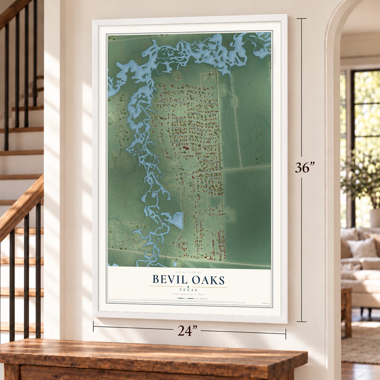 Bevil Oaks, Texas map, 24 x 36 inch print in a white frame by a staircase
