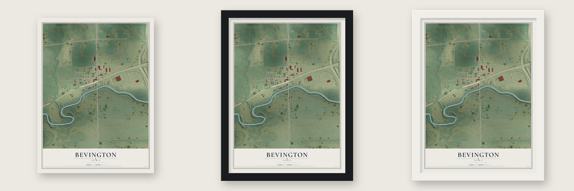 Bevington, Iowa map unframed, in a black wood frame and in a white wood frame
