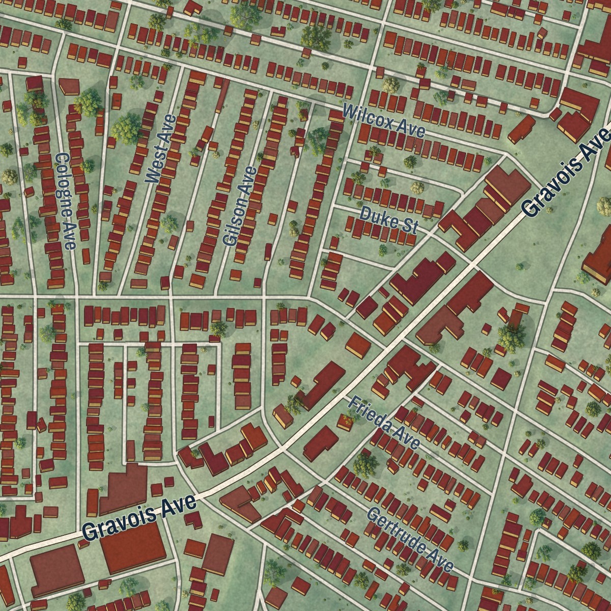 Second close-up of the map of Bevo Mill, Missouri print showing more streets and buildings