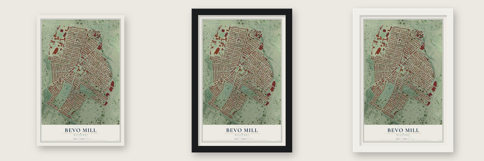 Bevo Mill, Missouri map unframed, in a black wood frame and in a white wood frame
