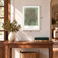 Bevo Mill, Missouri map, 12 x 18 inch print in a white frame in an entryway