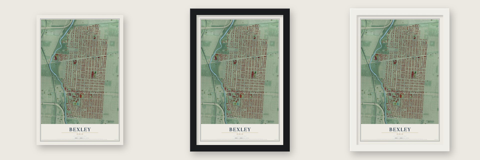 Bexley, Ohio map unframed, in a black wood frame and in a white wood frame