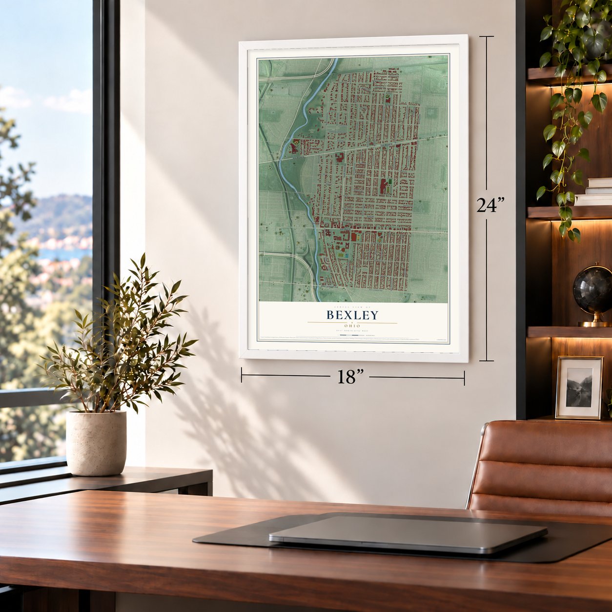 Bexley, Ohio map, 18 x 24 inch print in a white frame in a home office