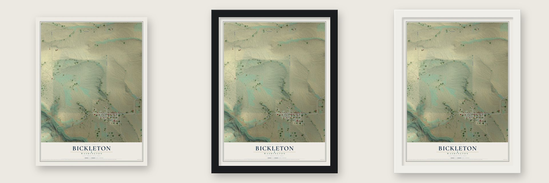 Bickleton, Washington map unframed, in a black wood frame and in a white wood frame