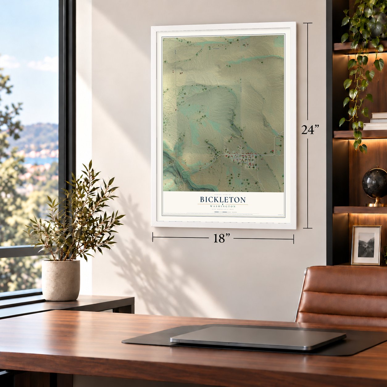 Bickleton, Washington map, 18 x 24 inch print in a white frame in a home office