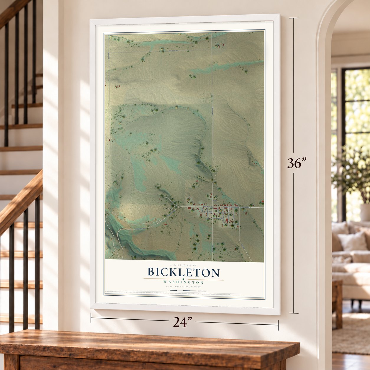Bickleton, Washington map, 24 x 36 inch print in a white frame by a staircase