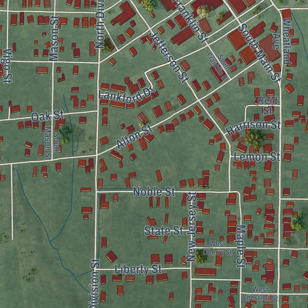 Second close-up of the map of Bicknell, Indiana print showing more streets and buildings