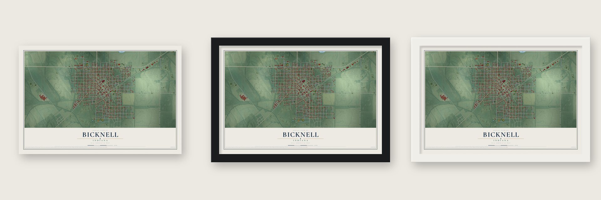 Bicknell, Indiana map unframed, in a black wood frame and in a white wood frame