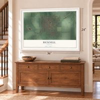 Bicknell, Indiana map, 24 x 36 inch print in a white frame above a dresser by a staircase