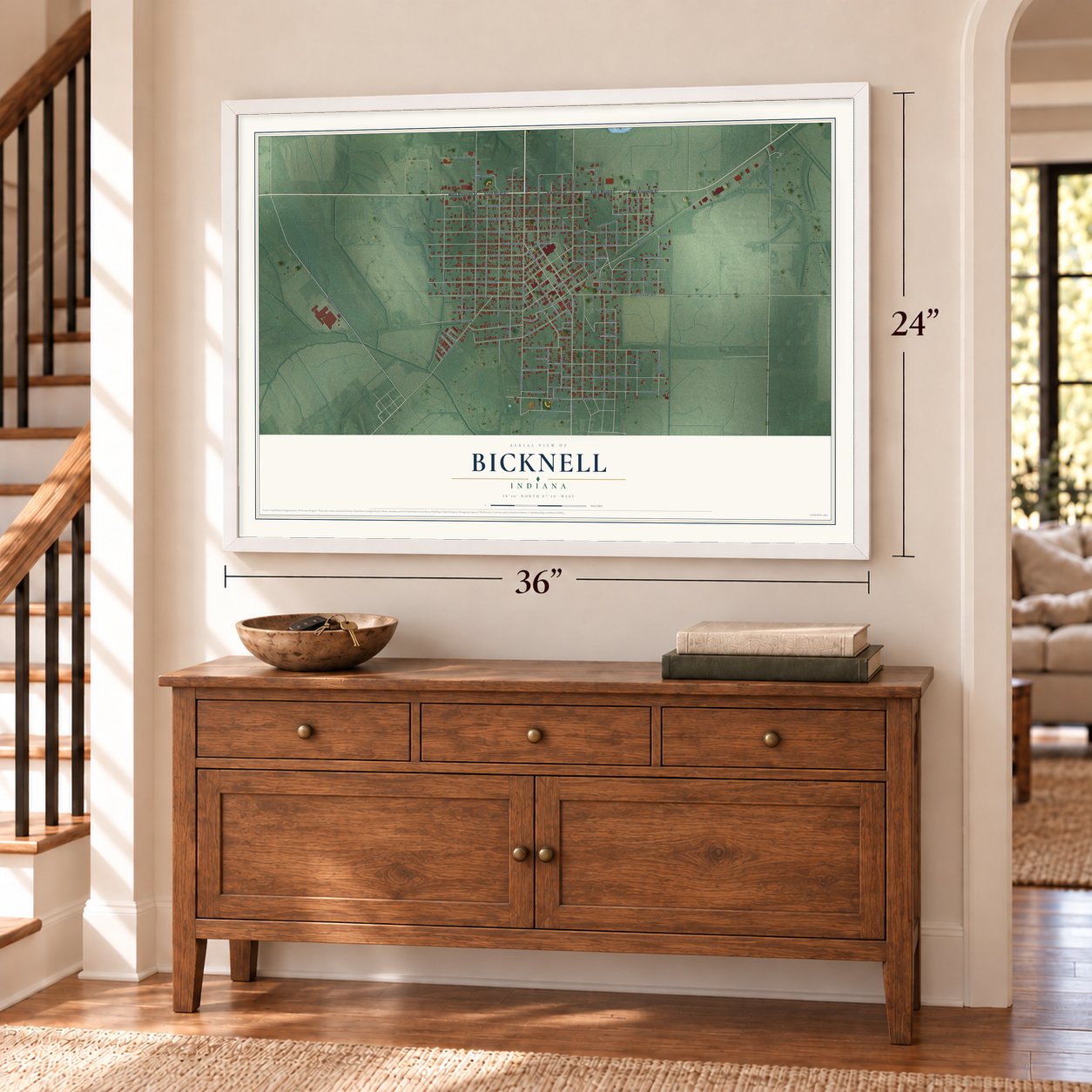 Bicknell, Indiana map, 24 x 36 inch print in a white frame above a dresser by a staircase