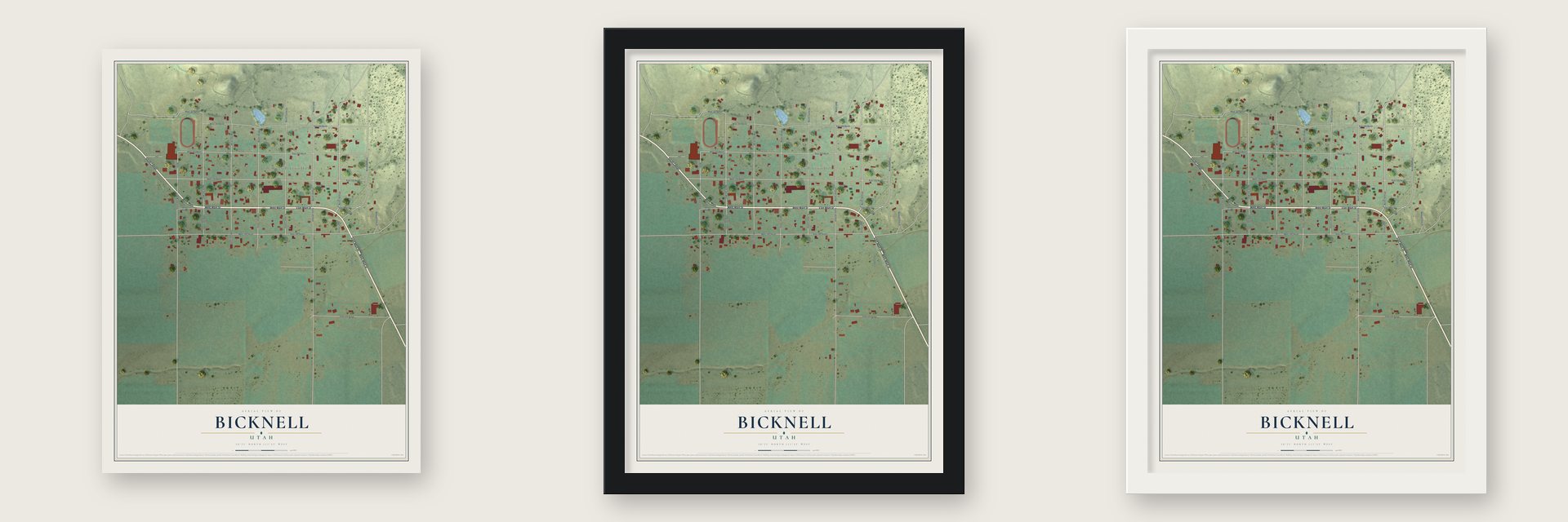 Bicknell, Utah map unframed, in a black wood frame and in a white wood frame