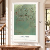 Bicknell, Utah map, 24 x 36 inch print in a white frame by a staircase