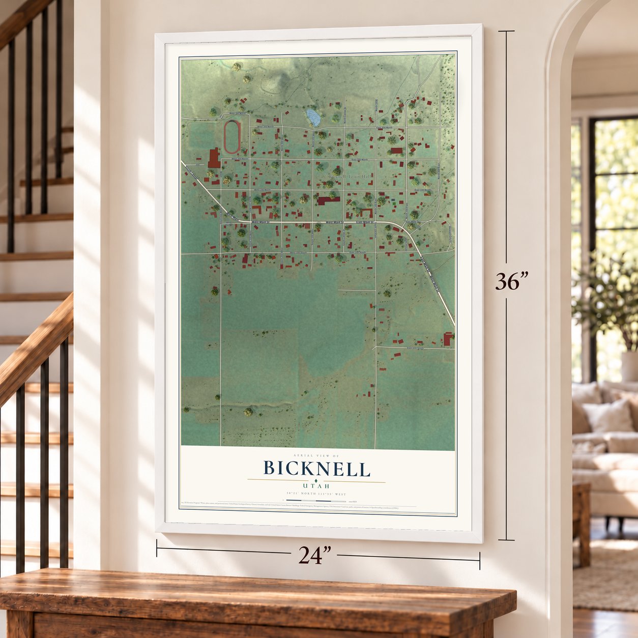 Bicknell, Utah map, 24 x 36 inch print in a white frame by a staircase