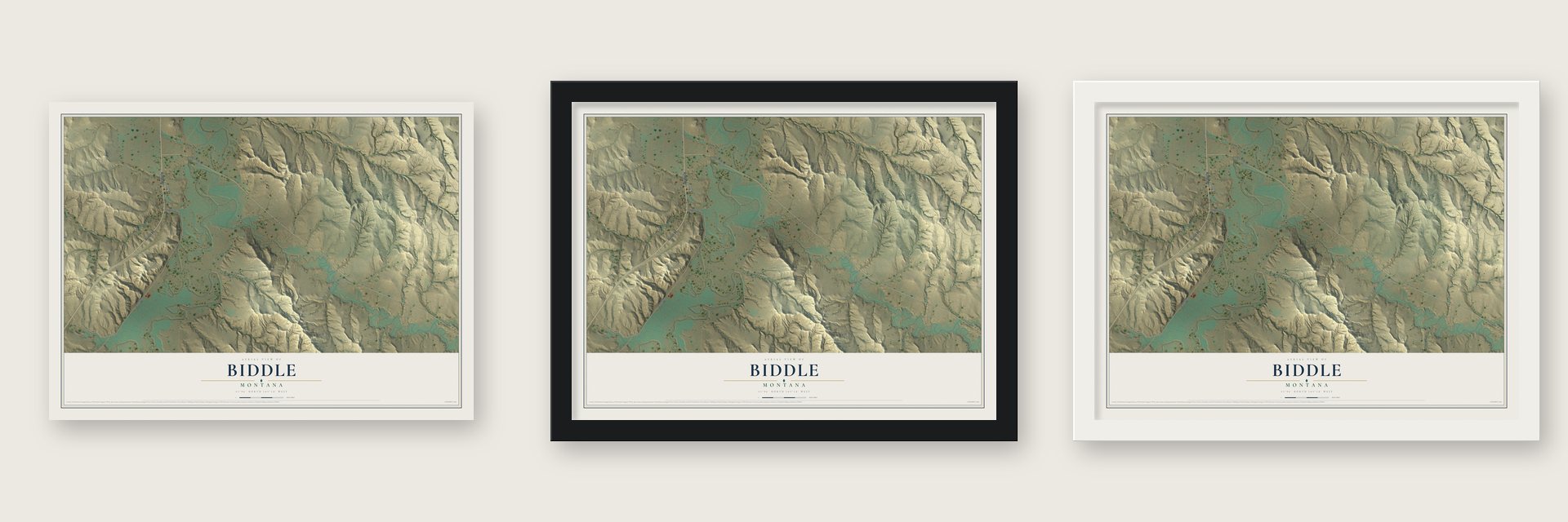 Biddle, Montana map unframed, in a black wood frame and in a white wood frame