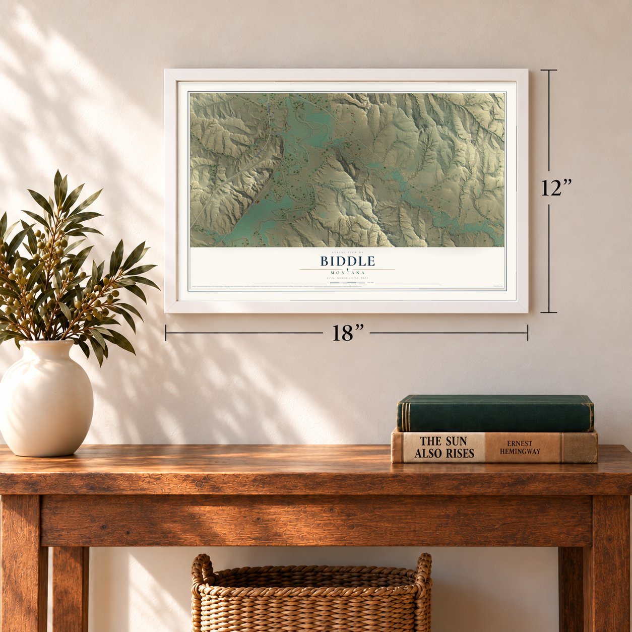 Biddle, Montana map, 12 x 18 inch print in a white frame in an entryway