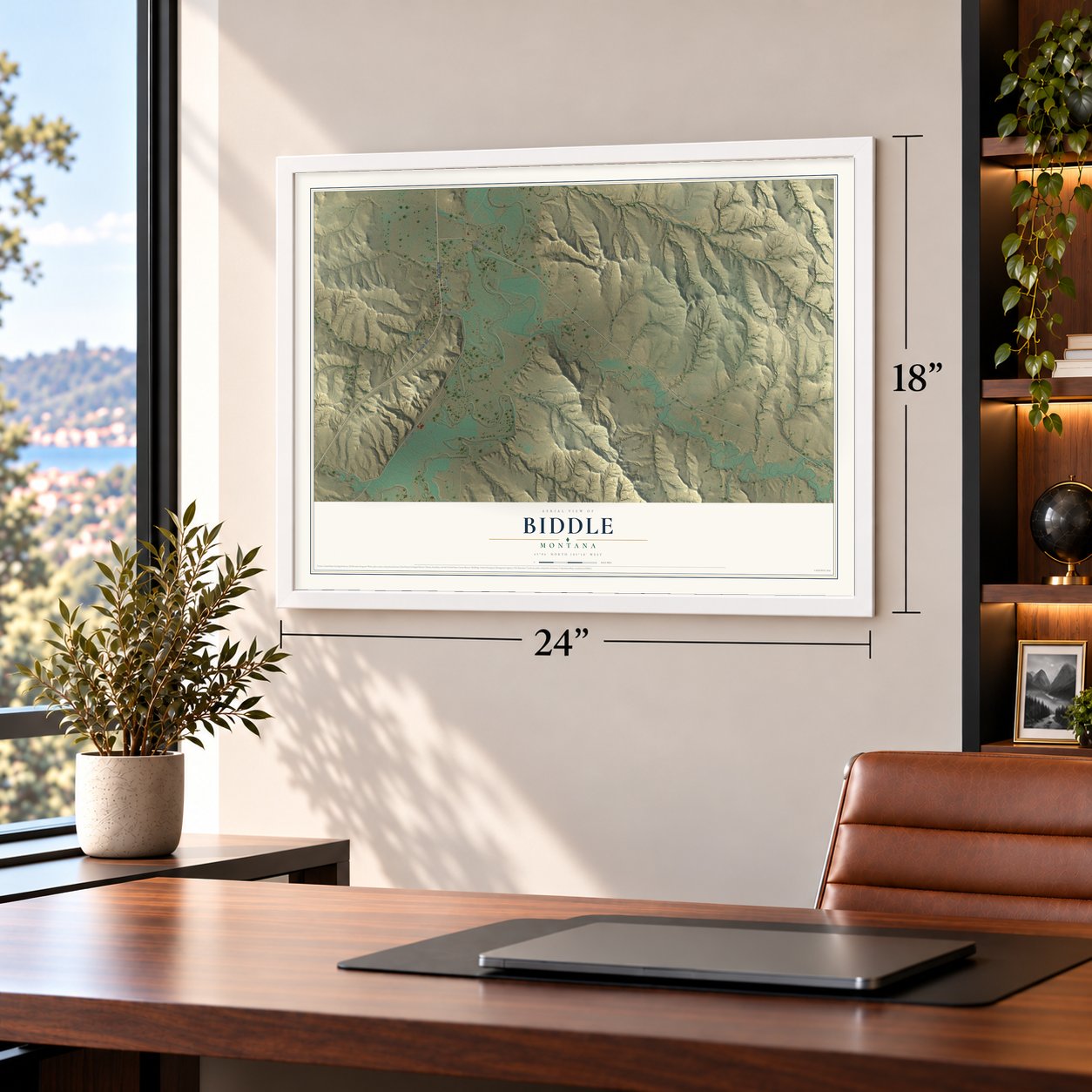 Biddle, Montana map, 18 x 24 inch print in a white frame in a home office