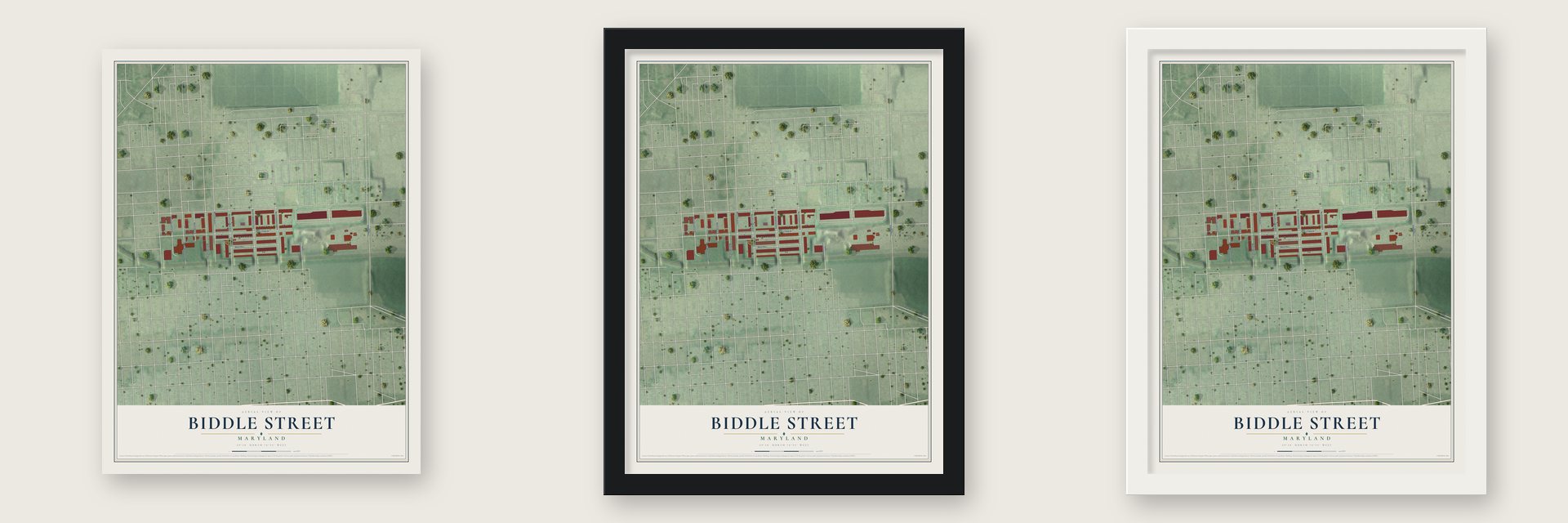 Biddle Street, Maryland map unframed, in a black wood frame and in a white wood frame