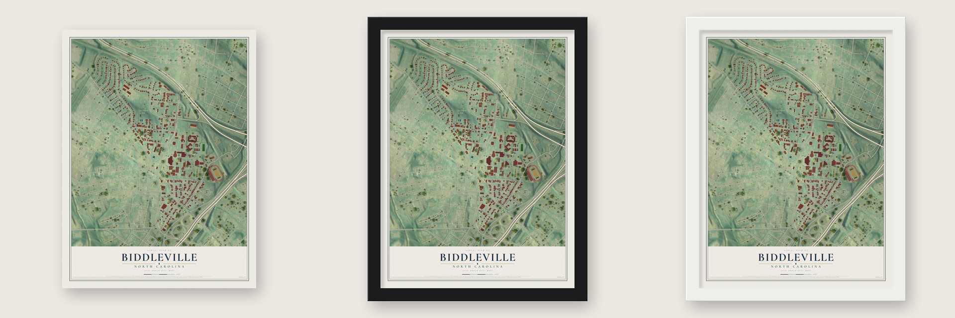 Biddleville, North Carolina map unframed, in a black wood frame and in a white wood frame
