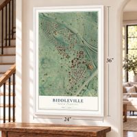 Biddleville, North Carolina map, 24 x 36 inch print in a white frame by a staircase