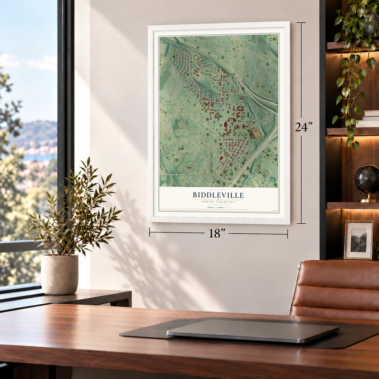 Biddleville, North Carolina map, 18 x 24 inch print in a white frame in a home office