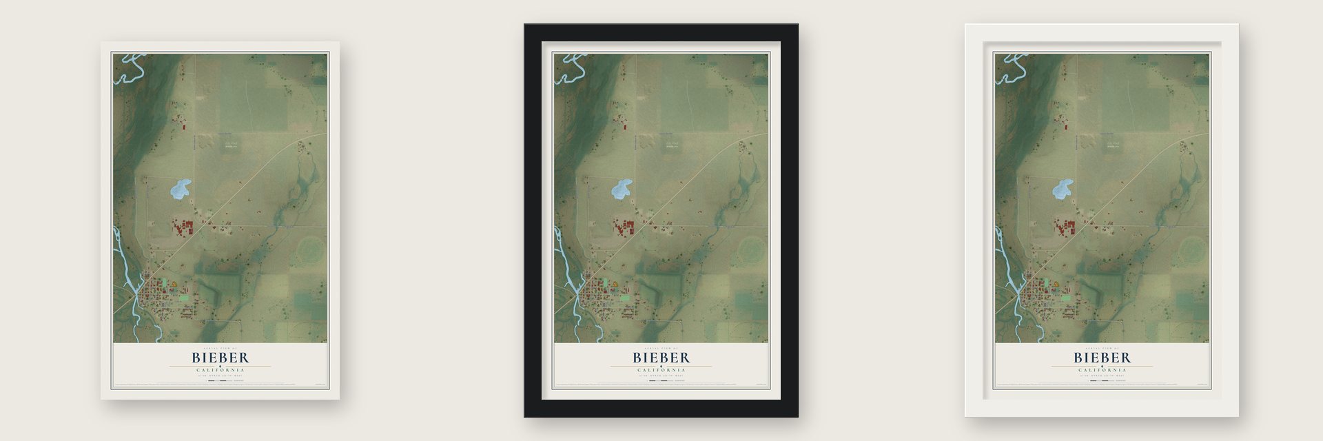 Bieber, California map unframed, in a black wood frame and in a white wood frame