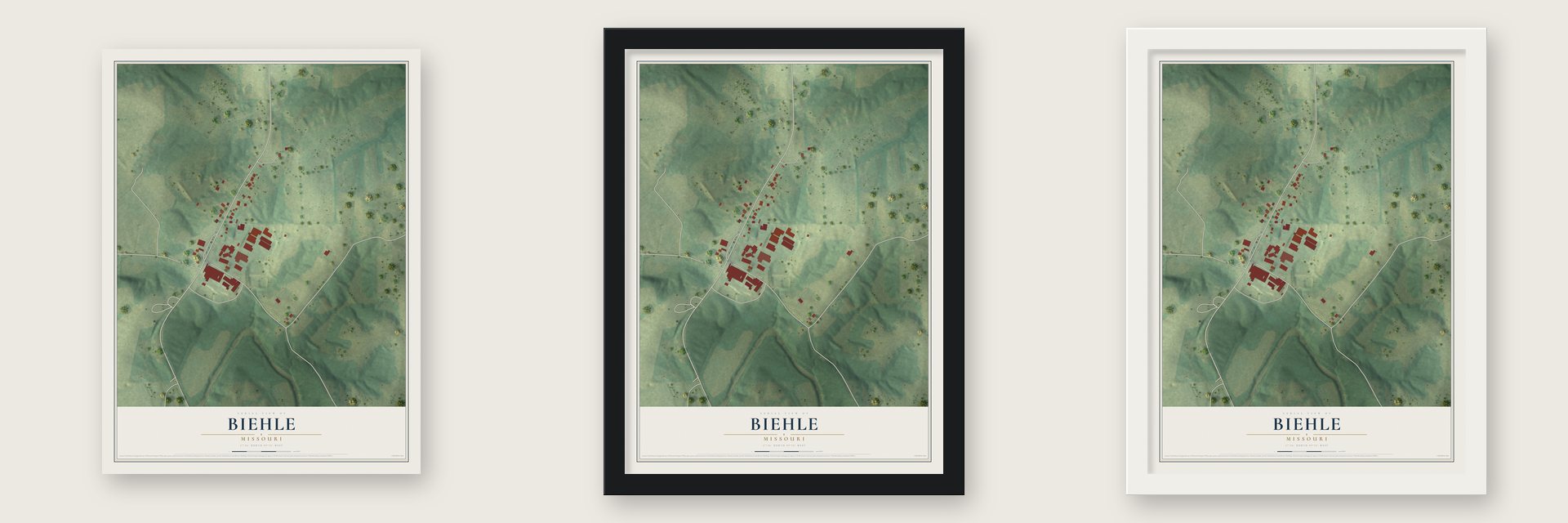 Biehle, Missouri map unframed, in a black wood frame and in a white wood frame