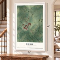 Biehle, Missouri map, 24 x 36 inch print in a white frame by a staircase