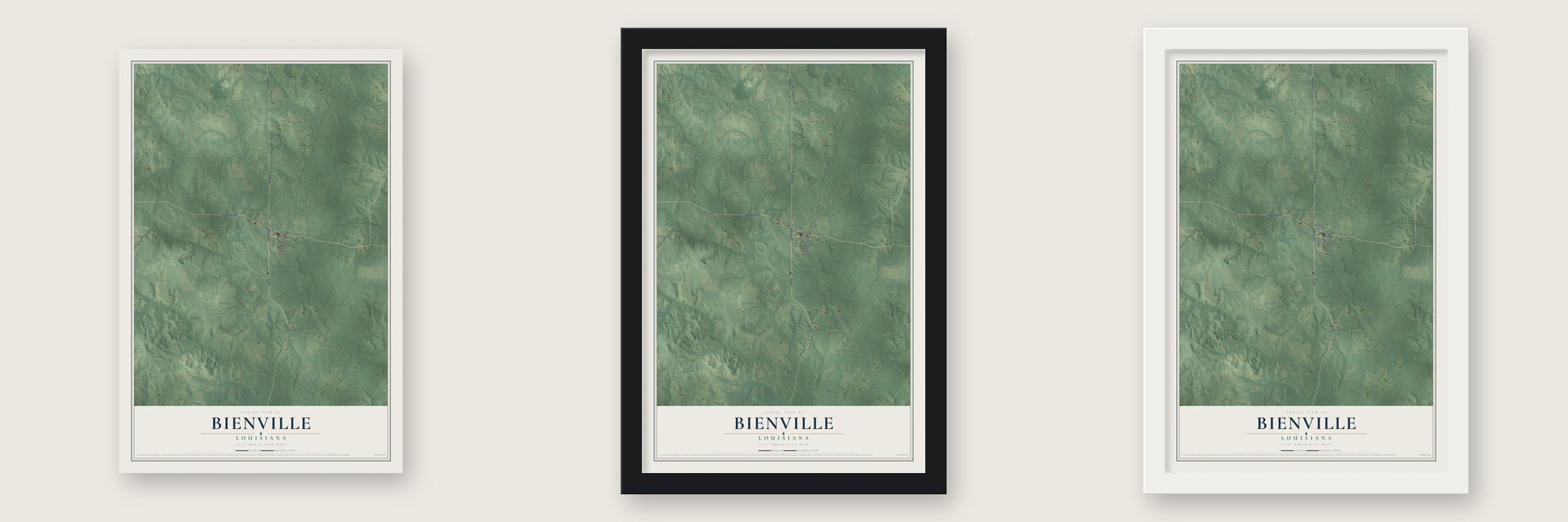 Bienville, Louisiana map unframed, in a black wood frame and in a white wood frame
