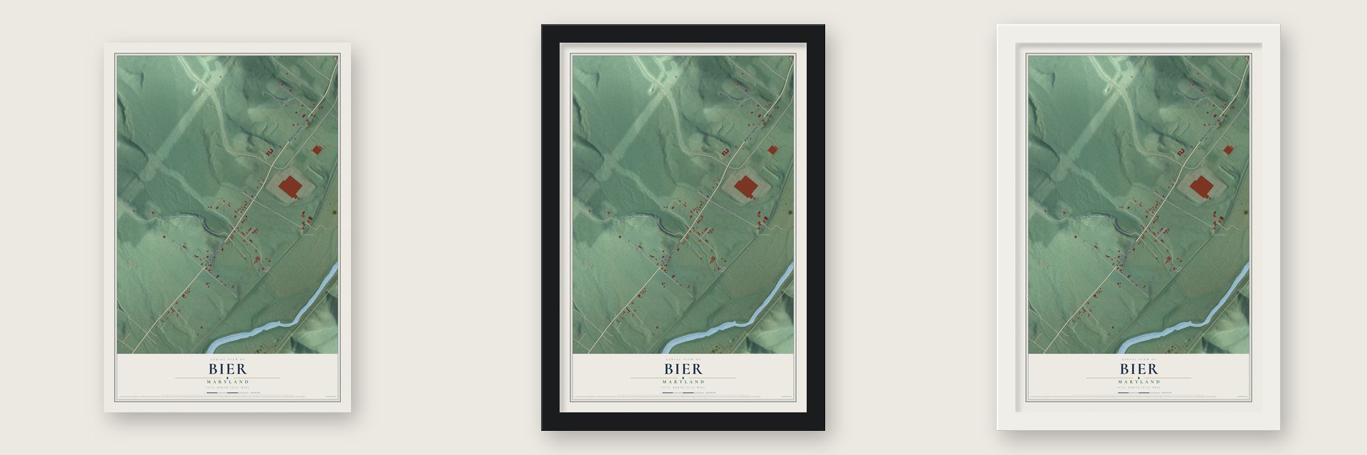 Bier, Maryland map unframed, in a black wood frame and in a white wood frame
