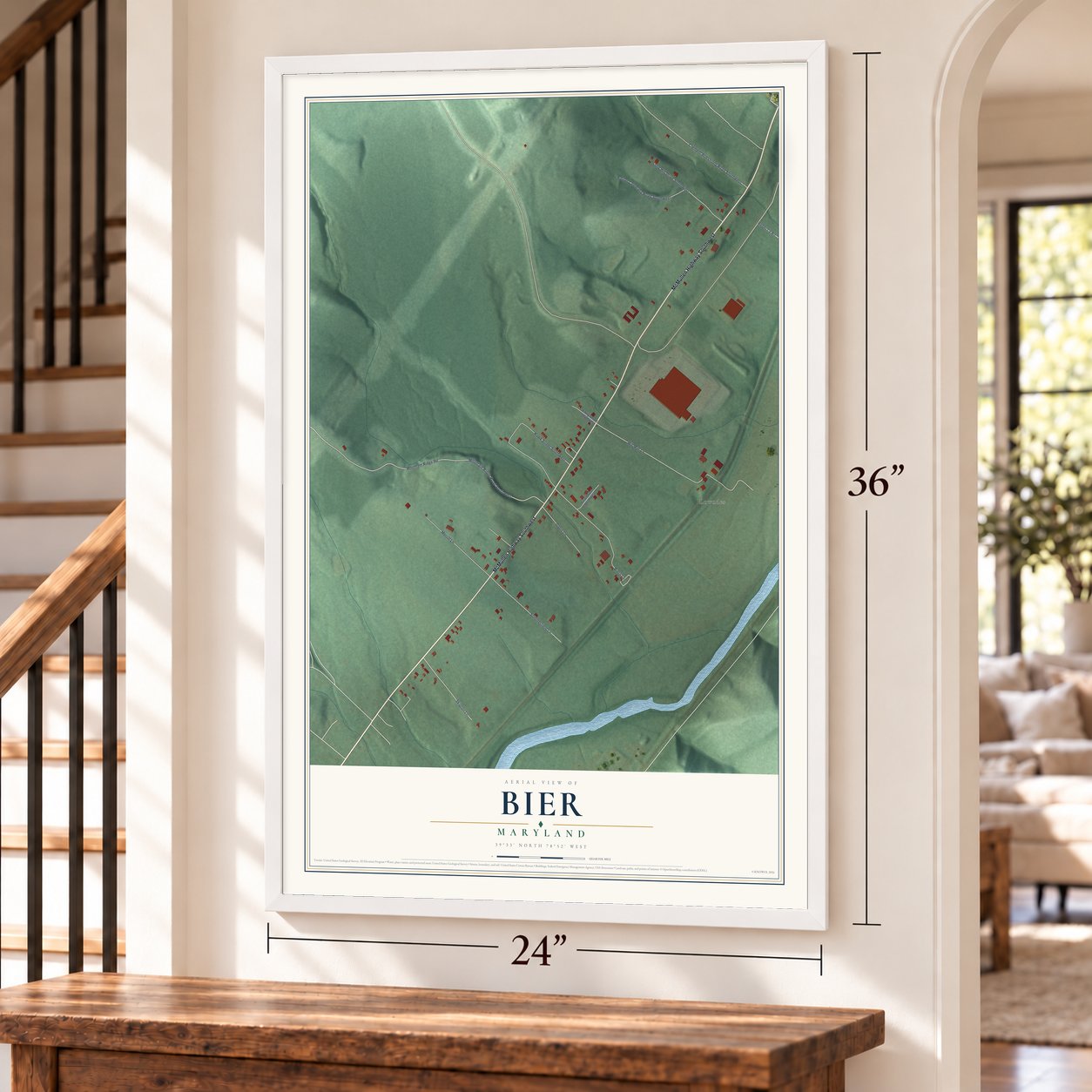 Bier, Maryland map, 24 x 36 inch print in a white frame by a staircase