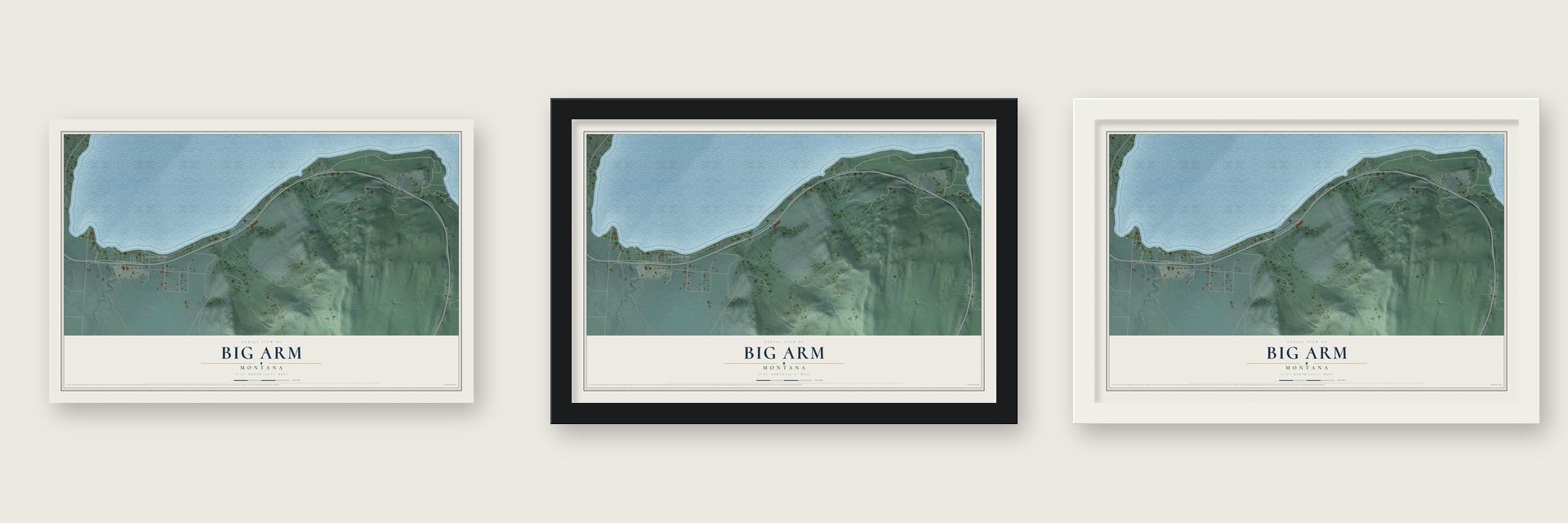 Big Arm, Montana map unframed, in a black wood frame and in a white wood frame