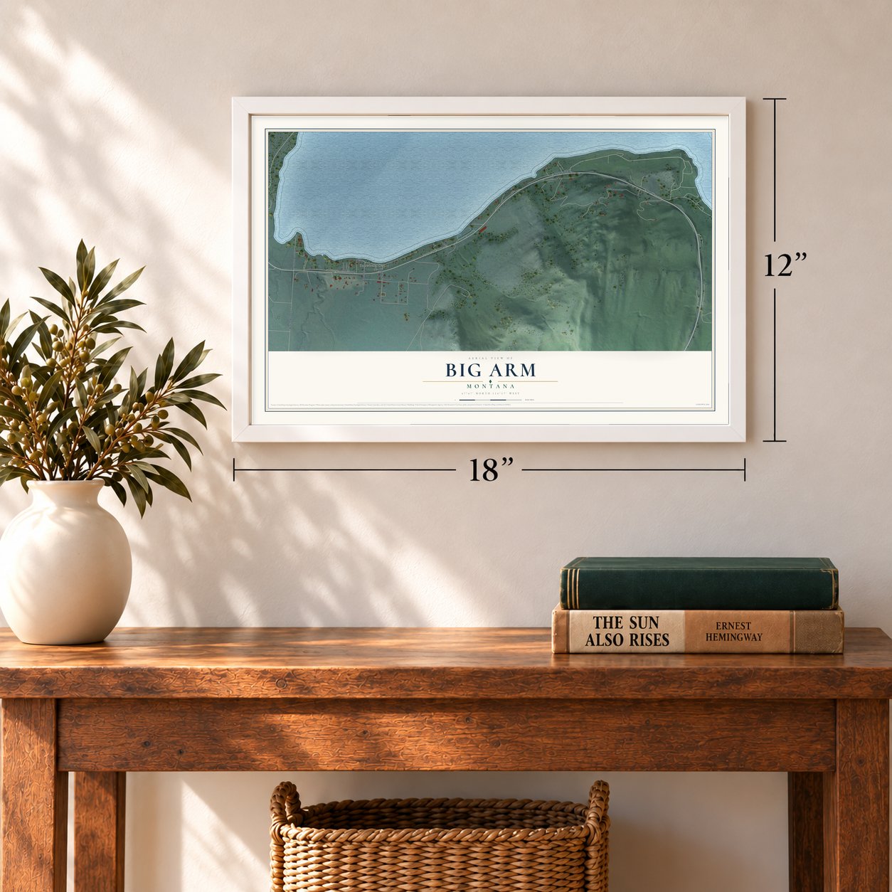 Big Arm, Montana map, 12 x 18 inch print in a white frame in an entryway