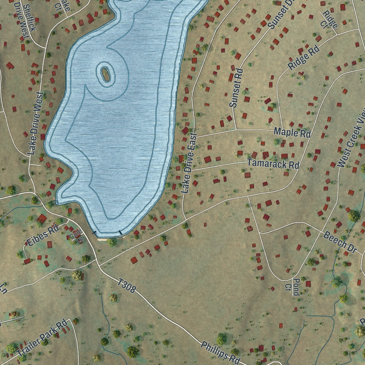 Second close-up of the map of Big Bass Lake, Pennsylvania print showing more streets and buildings
